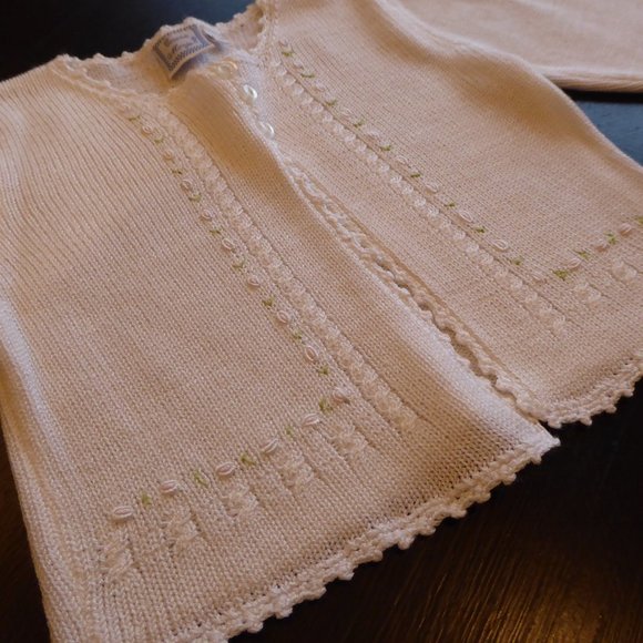 Emma Morgan Baby Girl 3 MO White Knit Sweater Cardigan w/ Tiny Emboridery Roses - Picture 7 of 9